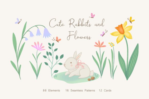 Cute Rabbits and Flowers Illustrations for Spring Projects